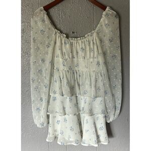 Altr'd State Tired Long Sleeve Blouse Top Size XXS White Blue Fairycore Floral